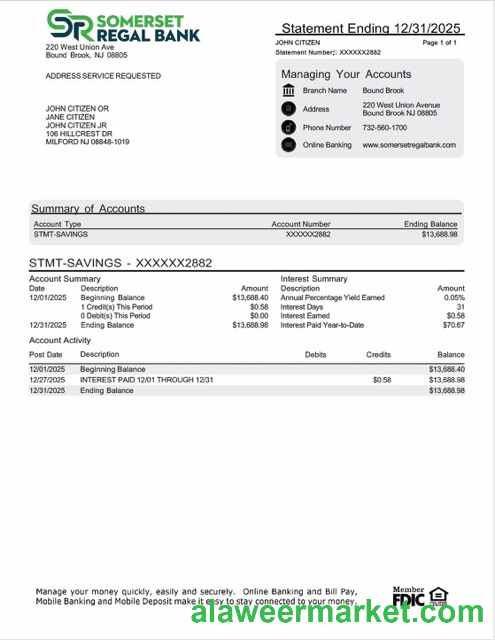 USA Somerset Regal Bank account statement Word and PDF template